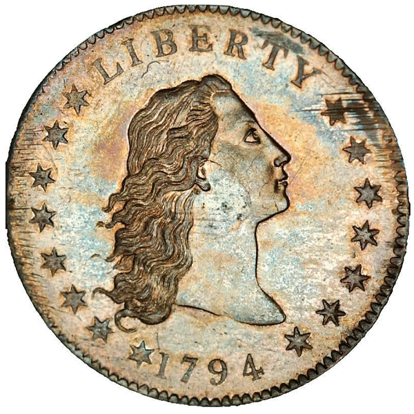 1794 Silver dollar with flowing hair.  B-1, BB-1, the only known dies.  Rarity-4.  BB Die State I. Money Making.  Specimen-66 (PCGS).  CAC.
