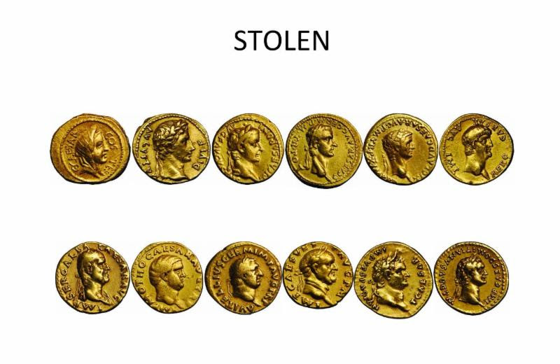 12 Caesar ancient Roman gold coins in VF+ condition. Image courtesy NCIC