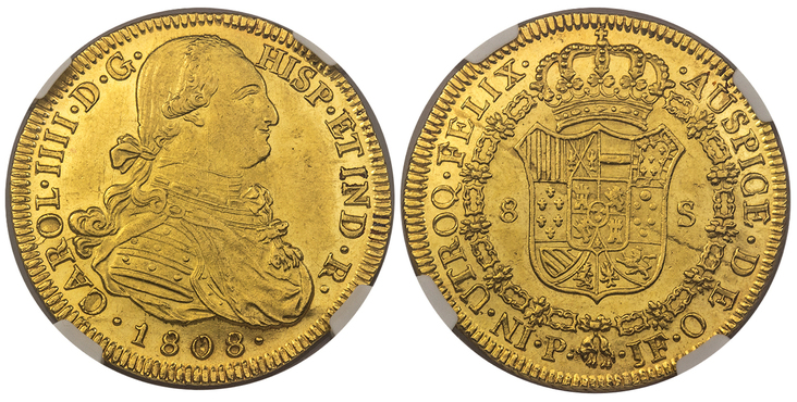 COLOMBIA. Charles IV. 1808-P JF AV 8 Escudos. Images courtesy Atlas Numismatics
