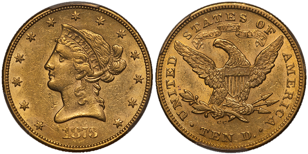 1873-CC $10.00 PCGS AU58. Images courtesy Doug Winter Numismatics