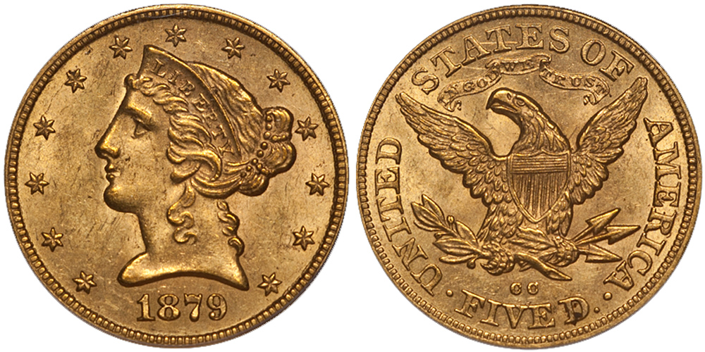1879-CC $5.00 PCGS MS62 CAC. Images courtesy Doug Winter Numismatics