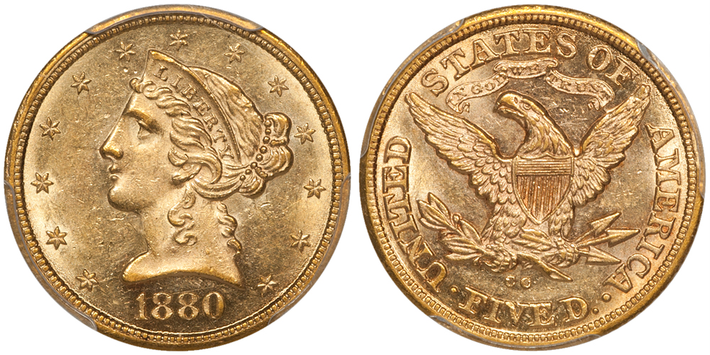 1880-CC $5.00 PCGS MS61. Images courtesy Doug Winter Numismatics