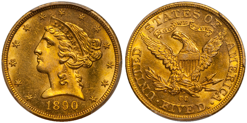 1890-CC $5.00 PCGS MS63+ CAC. Images courtesy Doug Winter Numismatics