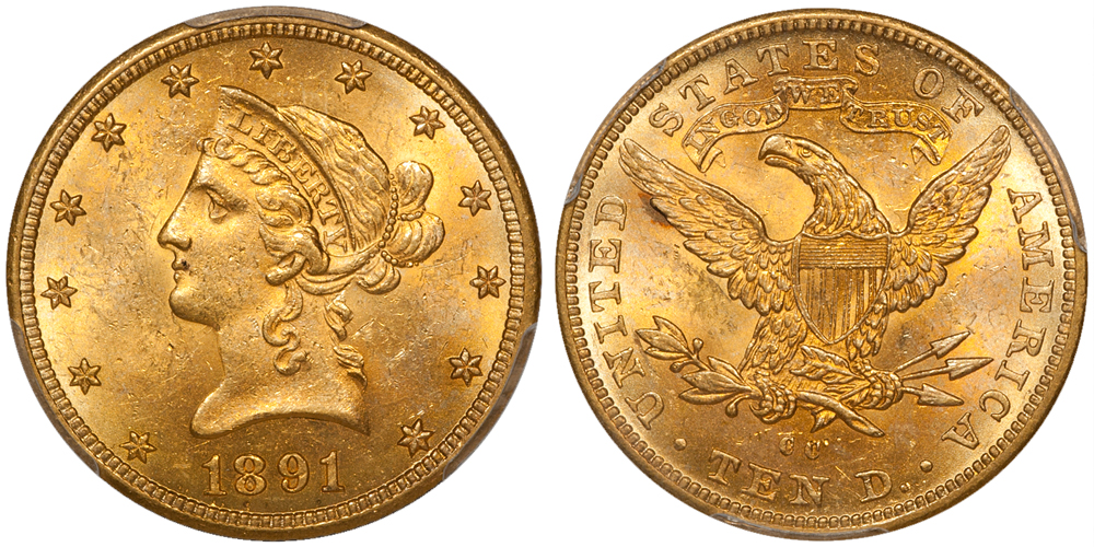 1891-CC $10.00 PCGS MS63. Images courtesy Doug Winter Numismatics