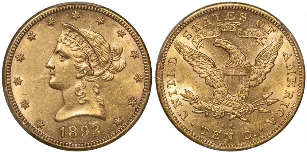 1893-CC $10.00 PCGS AU58 CAC. Images courtesy Doug Winter Numismatics