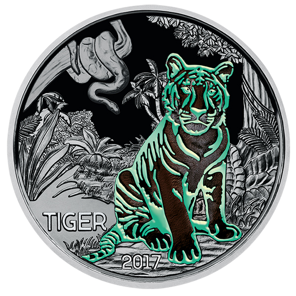 Glow-in-the-dark elements, Austria 2017 Colorful Creatures: The Tiger 3 Euro Glow-in-the-Dark Coin. Image courtesy Austrian Mint