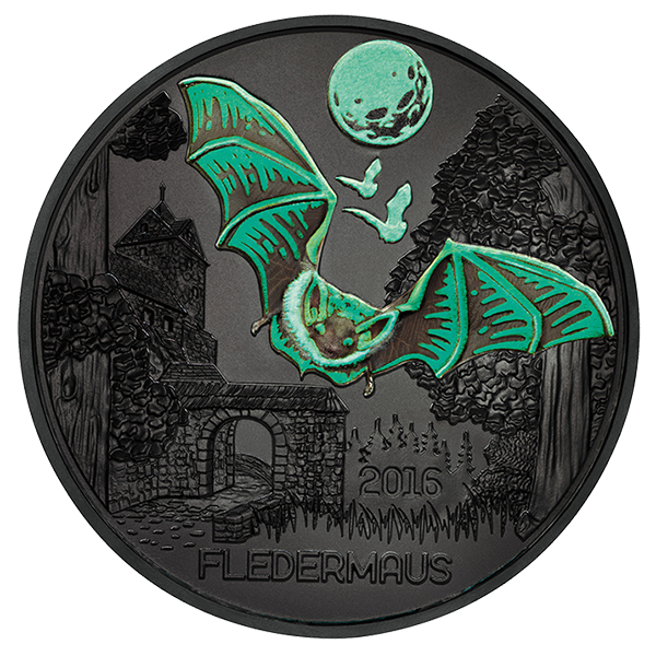 Glow-in-the-Dark elements on the obverse of the 2016 Colorful Creatures: The Bat 3 Euro Glow-in-the-Dark Coin. Image courtesy Austrian Mint