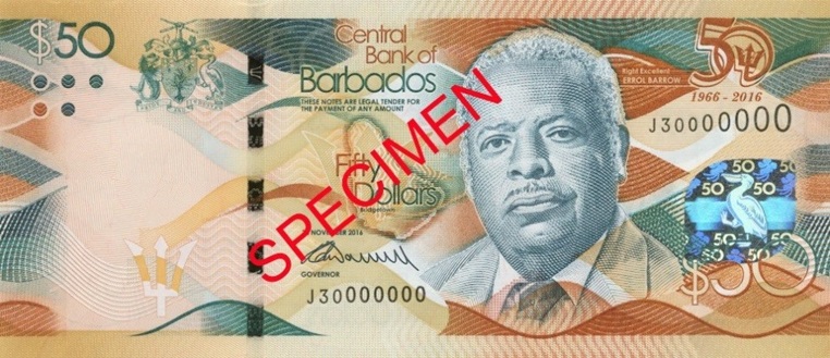 Barbados 2016 50 Years of Independence comemorative $50 banknote. Image courtesy De La Rue, plc