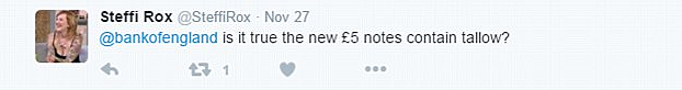 Tweet November 27 regarding animal fat used to produce the new UK five pound polymer note