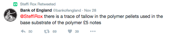 Tweet November 28 regarding animal fat used to produce the new UK five pound polymer note