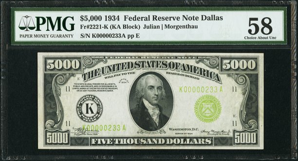 Front, $5,000 Federal Reserve Note. Image courtesy Heritage Auctions, PMG
