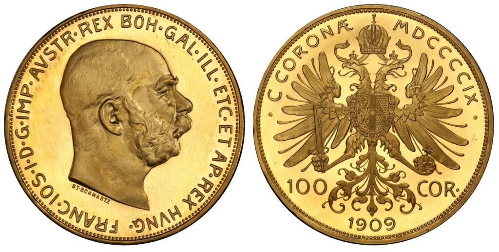 AUSTRIA. Franz Joseph I. (King, 1848-1916) . 1909 AV 100 Corona. Images courtesy Atlas Numismatics