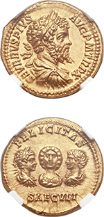 Roman Imperial, Septimius Severus gold coin. Images courtesy Heritage auctions