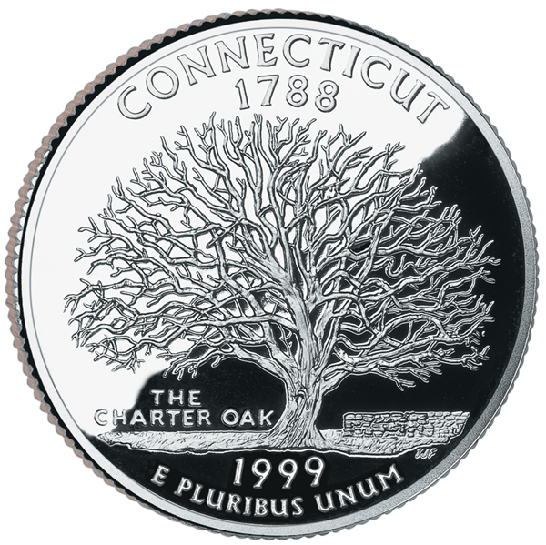 United States 1999 50 State Quarters Connecticut 25c clad coin. Image courtesy U.S. Mint