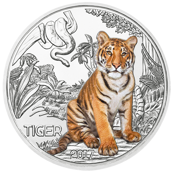 Obverse, Austria 2017 Colorful Creatures: The Tiger 3 Euro Glow-in-the-Dark Coin. Image courtesy Austrian Mint