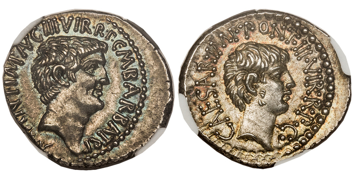 ROMAN IMPERATORIAL. Marc Antony and Octavian. (Triumvirs, 43-33 BC). Struck 41 BC. AR Denarius. Images courtesy Atlas Numismatics