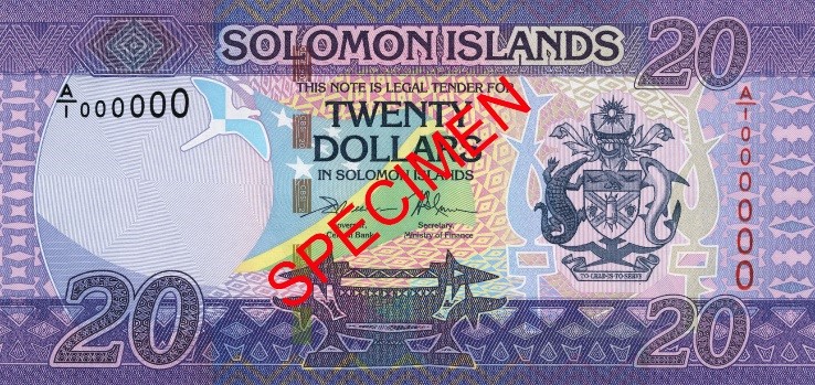 Front of the new Solomon Islands $20 bank note