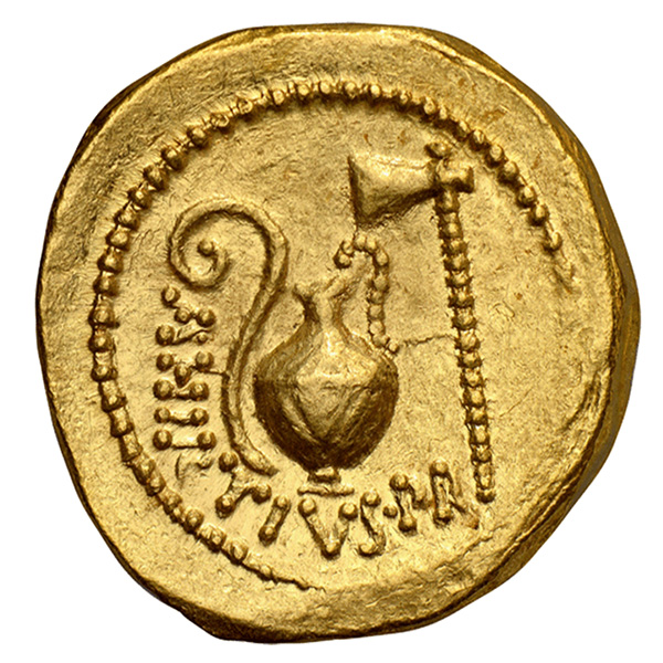 Reverse, Roman Gold Aureus of Julius Caesar. Image courtesy Atlas Numismatics