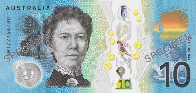 Numeral side, Australian 2017 $10 banknote. Image courtesy Reserve Bank of Australia