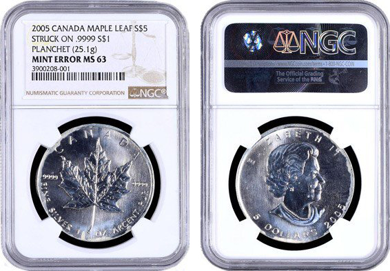 Canada 2005 Silver Maple Leaf $5 on .9999 Silver $1 planchet. Images courtesy NGC