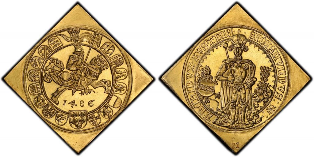 AUSTRIA. Tirol. Sigismund. (Archduke, 1439-1496). 1953//1486 AV Medallic 16 Ducats, Klippe. Images courtesy Atlas Numismatics