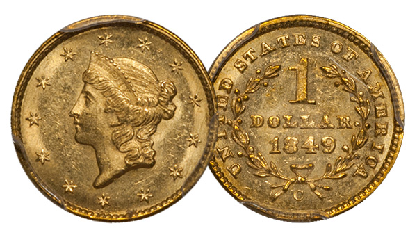 1849-C CLOSED WREATH $1.00 PCGS MS62 CAC. Images courtesy Douglas Winter Numismatics