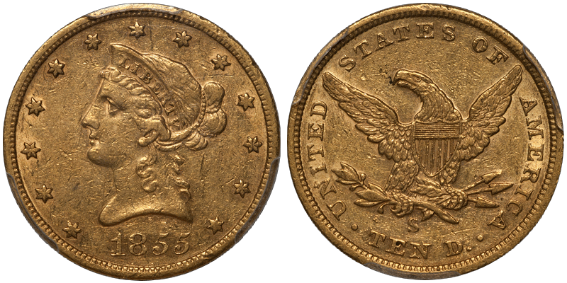 1855-S $10.00 PCGS AU53 CAC