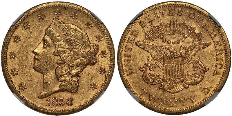 1858-S $20.00 NGC AU58