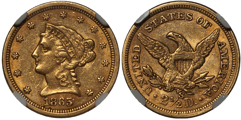 1865-S $2.50 NGC AU55 CAC.