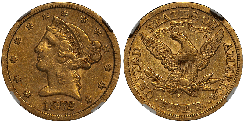 1872-S $5.00 NGC EF45 CAC