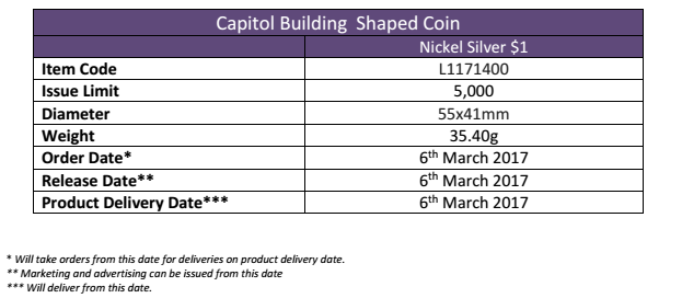 British Virgin Islands 2017 US Capitol Building shaped coin order information, courtesy Pobjoy Mint