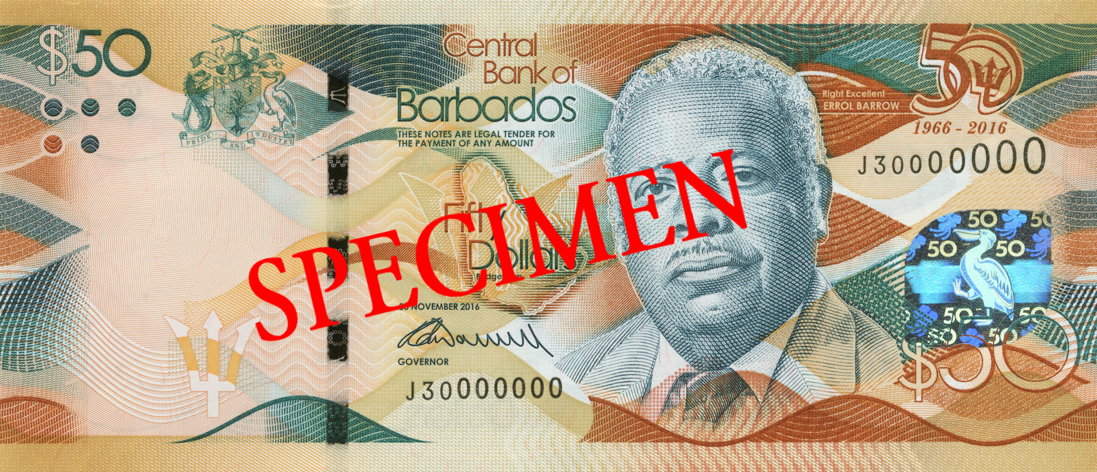 Barbados 2017 $50 commemorative banknote. Image courtesy Central Bank of Barbados