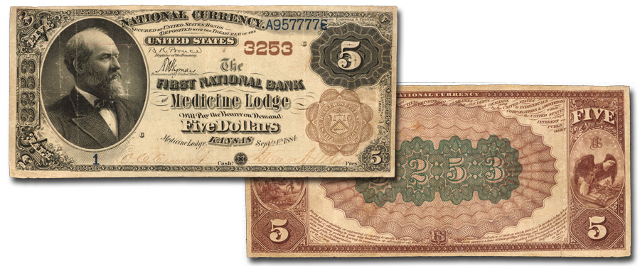 First National Bank of Medicine Lodge, Kansas Serial Number 1 $5 Brown Back. Images courtesy Stack's Bowers Galleries