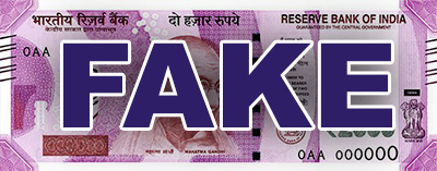 Reserve Bank of India note with FAKE superimposed