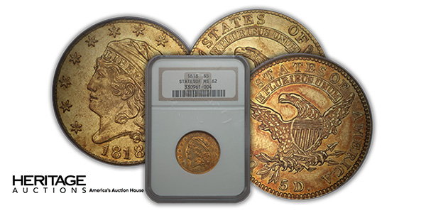 Heritage Auctions Offering of two Seldom Seen 1818 Gold $5 Coins
