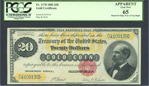 United States 1882 $20 Gold Certificate. Image courtesy PMG, Daniel Frank Sedwick, LLC