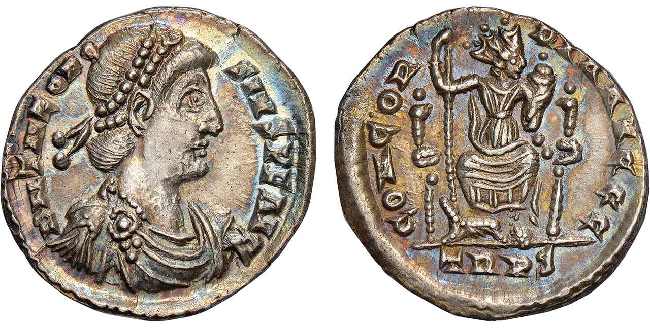 ROMAN IMPERIAL. Theodosius I. (Eastern Roman Emperor, 379-395 AD). Struck 379-383/388 AD. AR Siliqua.  Images courtesy Atlas Numismatics