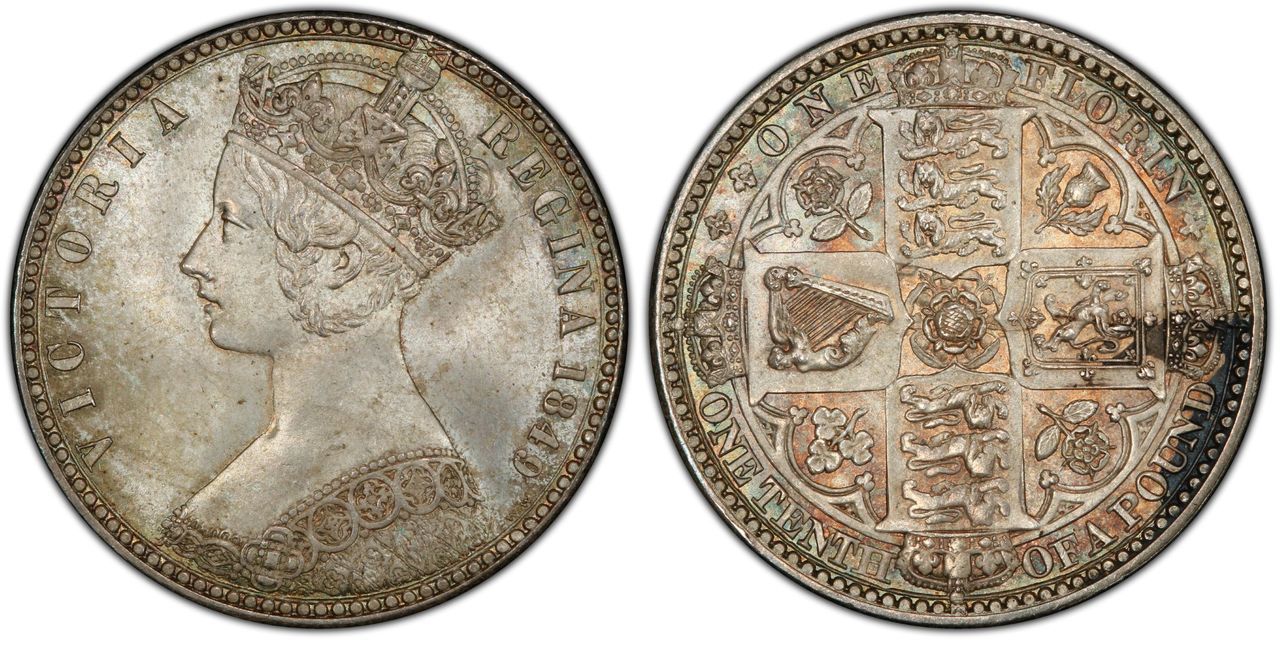 World coins: GREAT BRITAIN. Victoria. 1849 AR Florin, Two Shillings. Images courtesy Atlas Numismatics