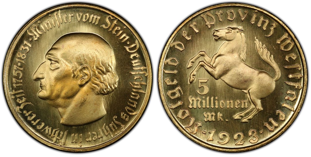 World coin: GERMANY, WEIMAR REPUBLIC. Westphalia. 1923 Gilt Bronze 5 Million Marks. Images courtesy Atlas Numismatics