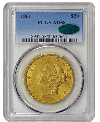 1861 $20 Gold Coin PCGS AU58: Image Source: Great Collections