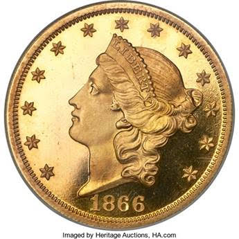 1866 With Motto Liberty Head $20 Double Eagle Proof Gold Coin. Image courtesy Heritage Auctions