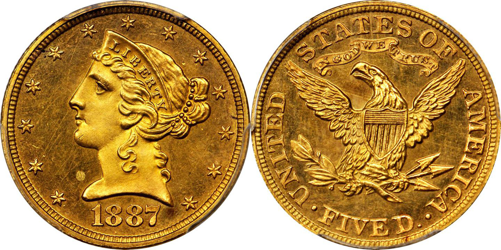 1887 $5.00 PCGS PR64+ CAC. Images courtesy Stack's Bowers