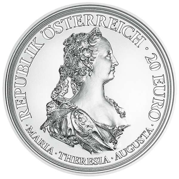 Obverse, Austria 2017 Maria Theresa - Treasures of History: Bravery and Determination 20 Euro Proof Silver Coin. image courtesy Austrian Mint