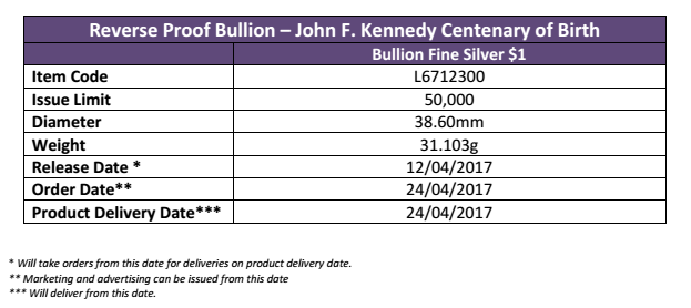 reverse proof 2017 Kennedy centenary silver coin. Info courtesy Pobjoy Mint