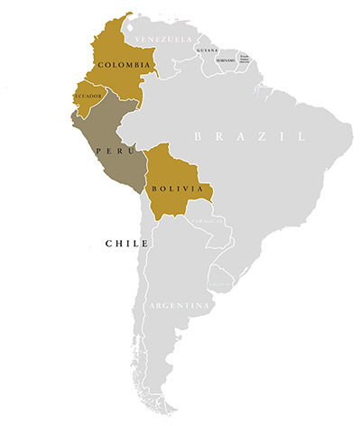 South America Map with Elemetals Import nations highlighted in gold