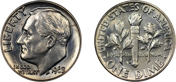 Counterfeit Detection: 1963-D Roosevelt Dime with Altered Bands. Images courtesy NGC