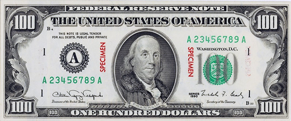 Scarce 1990 Specimen $100 Note