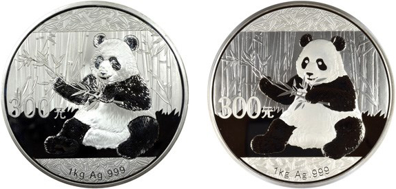 Counterfeit (left) and regular issue, 2017 One Kilo Silver 300 Yuan Panda. Images courtesy NGC