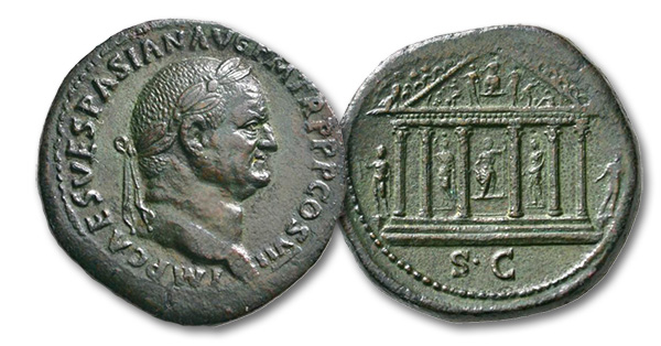 07 – 155. Vespasian, 69-79. Sestertius, 76. Rv. Temple of Jupiter Capitolinus. From Niggeler Collection (1967), No. 1161. Rare. Extremely fine / almost extremely fine. Estimate: 4,500 euros. Starting price: 2,700 euros