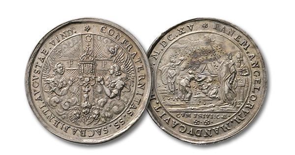 13 – 447. Augsburg. Medal 1615 by Christian Maler on the Brotherhood of the Most Holy Altar Sacrament in the Holy Cross Church. Probably unique. FDC. Estimate: 10,000 euros. Starting price: 6,000 euros